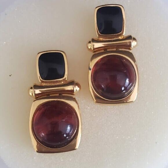 Joan Rivers Gold Tone Celloid & Enamel Hinged Dangle Pierced Earrings Signed VTG - Picture 3 of 6